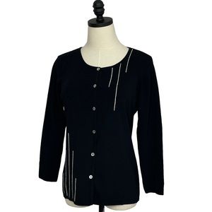 Carducci Knit Cardigan Black with Ivory Accent Size Small